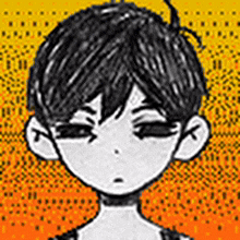a black and white drawing of a boy with his eyes closed and a yellow background .