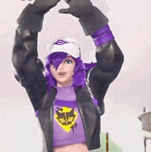 a cartoon character with purple hair and a hat is holding her hands in the air .