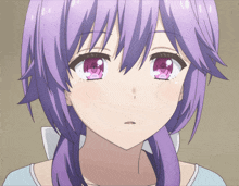 a close up of a girl with purple hair