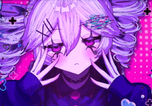 a drawing of a girl with purple hair and a bandage on her head
