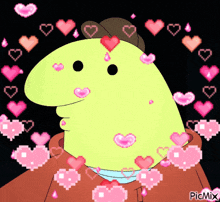 a picture of a dinosaur surrounded by pink hearts with the words picmix at the bottom