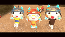 three cartoon characters are standing next to each other with one wearing a shirt with the number 04 on it