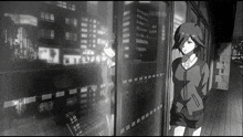 a black and white drawing of a girl standing in front of a building