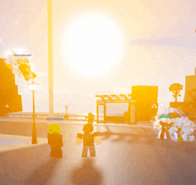 a screenshot of a video game shows the sun shining brightly behind a few players