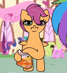 a cartoon pony is holding a bag of golden cheddar chips
