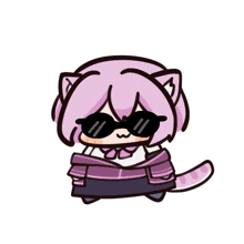 a drawing of a cat wearing sunglasses and a purple scarf