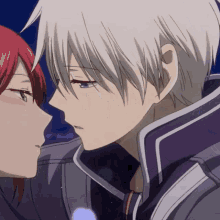 a man with white hair and a woman with red hair kissing each other