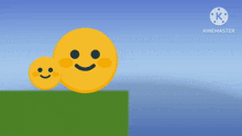 two smiley faces are sitting on a green ledge and the words kinemaster are on the bottom