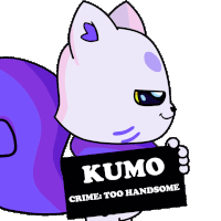a cartoon squirrel holding a sign that says kumo crime too handsome