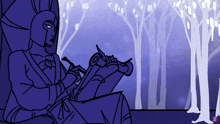 a drawing of a man sitting in front of trees