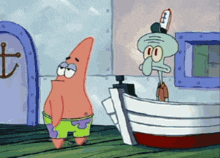 patrick star and squidward from spongebob squarepants are standing next to a boat .