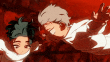 two anime characters are flying through the air
