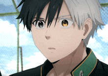a close up of a anime character 's face with a green collar