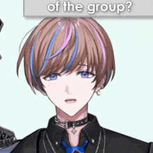 a boy with blue and pink hair is standing in front of a sign that says of the group ?