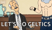 an elderly man in a wheelchair is talking to a shirtless man in a cartoon .