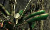 a video game character is standing next to a green and gold robot