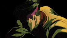 a close up of a cartoon character 's face with green eyes and a purple haircut .