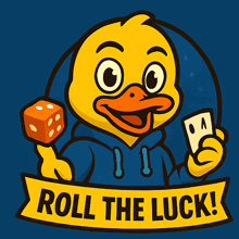 a duck holding a dice and a card with the words roll the luck