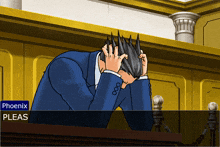 a man in a suit holds his head in his hands and says phoenix pleas in the corner