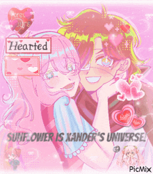 a picture of a boy and a girl with the words hearted and sunflower is xander 's universe on the bottom