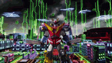 a robot is standing in front of a city with neon lights behind it