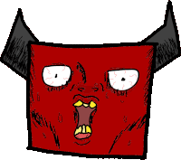a cartoon drawing of a red monster with horns and a very funny face
