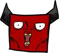 a cartoon drawing of a red monster with horns and a very funny face