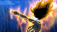 a cartoon character is pointing at something with a fire behind her