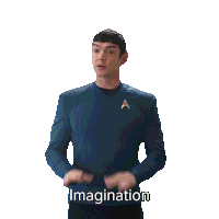 a man in a star trek uniform has a rainbow coming out of his head and the word imagination is below him