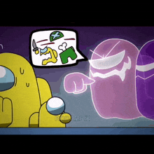 a cartoon of a yellow among us character talking to a purple ghost .