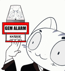 a cartoon cat is holding a red sign that says gem alarm