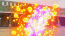 a bunch of bubbles are coming out of a purple object in front of a building