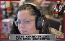 a woman wearing headphones with the name selise asterio paladin on the bottom