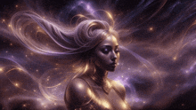 a woman with long blonde hair is surrounded by purple and gold lights