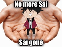a person holding a cartoon character with the words no more sai sai gone