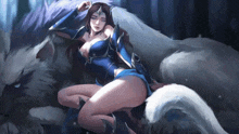 a woman in a blue dress is laying next to a white animal