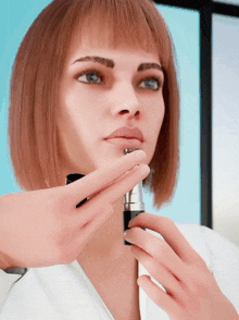 a woman is applying lipstick to her lips while looking in the mirror