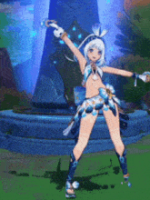 a cartoon girl with white hair is dancing in front of a statue