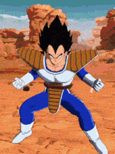a cartoon character in a blue and white outfit is standing in a desert