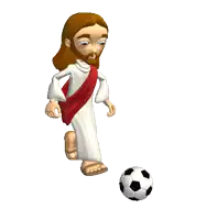 jesus is kicking a soccer ball in a cartoon