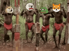 a group of native americans are dancing in the woods with cartoon faces on their faces .