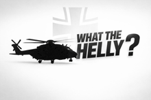 a silhouette of a helicopter with the words " what the helly " above it
