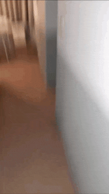 a blurred image of a person walking down a hallway between two walls .