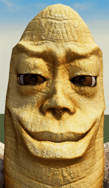 a close up of a statue 's face with a blue sky behind it