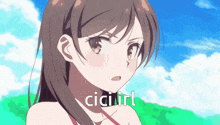 a close up of a girl with the word cicairl on the bottom right