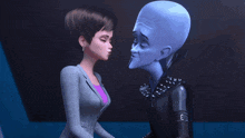 a woman is standing next to a cartoon character