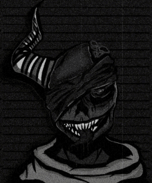 a black and white drawing of a monster with horns and sharp teeth