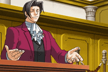 a man in a red suit stands at a podium with his hands outstretched