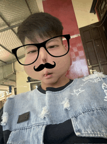 a boy wearing glasses and a fake mustache