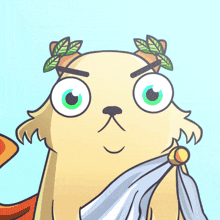a cartoon dog with green eyes and a laurel wreath around its head
